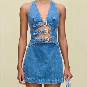 Commense Halter Neck Buckle Detail Denim Dress NWT